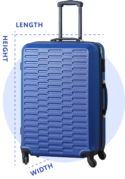 Suitcase with length, width, and height dimensions labeled