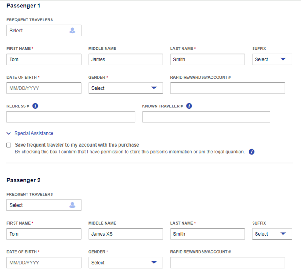 Screenshot of Passenger information in booking flow